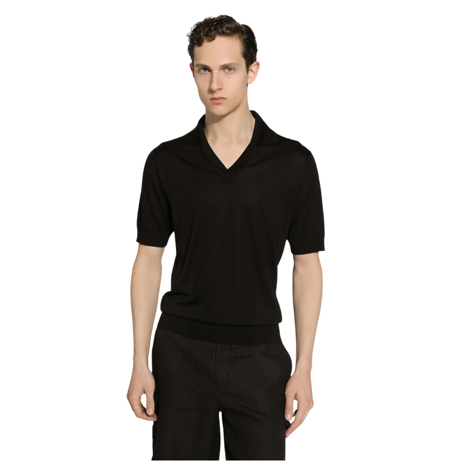 Black Dolce & Gabbana Logo-Detailed Silk Polo Shirt