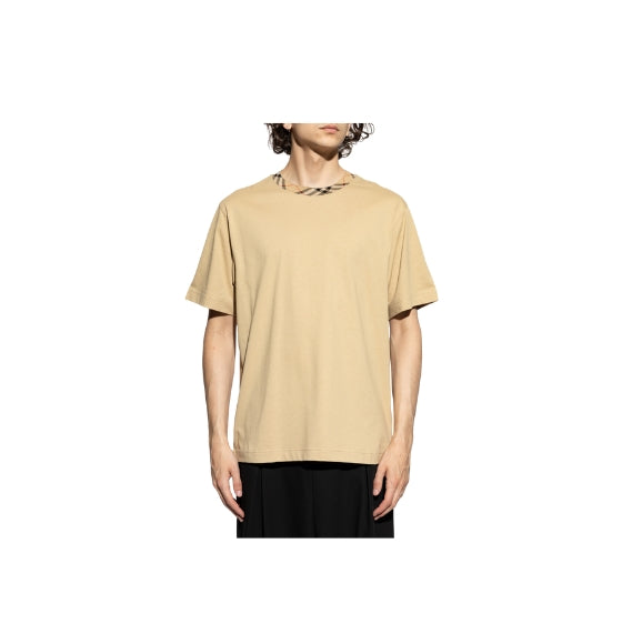 Beige Check-Trim Cotton T-Shirt