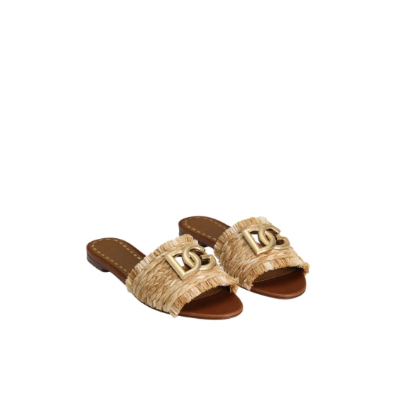 Beige DG Logo Raffia Braided Slippers