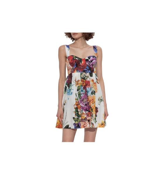 Bouquet-Flower Print Poplin Corset Mini Dress