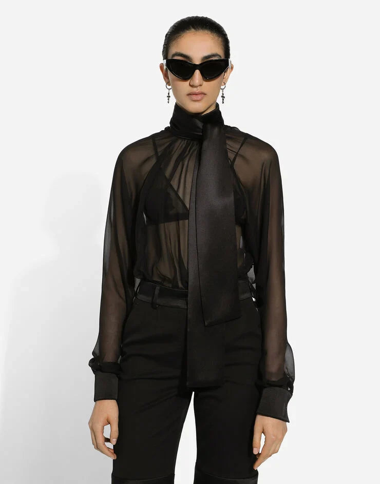 Black Chiffon Pussy-Bow Blouse