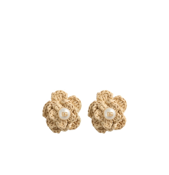 Beige Gold Flower DG Logo Raffia Clip Earrings