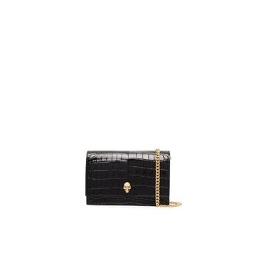 Black Skull Gold Chain Embossed Croc Small Crossbody Bag