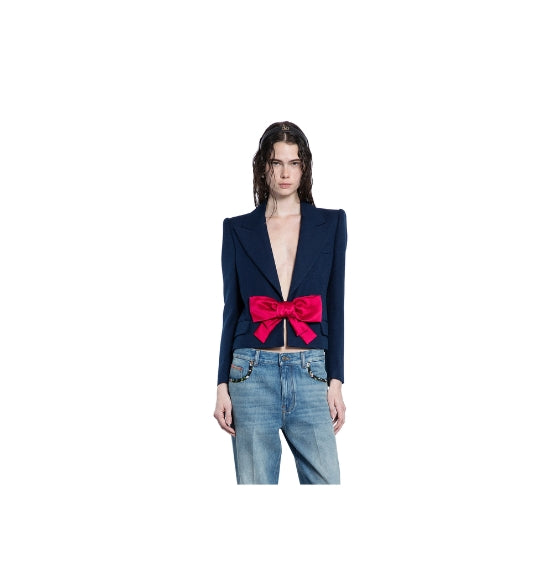 Blue Bow-Detailed Silk Cropped Blazer - RUNWAY