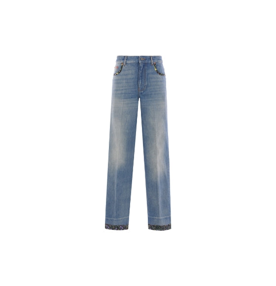 Floral Trims-Embellished Washed Blue Jeans - RUNWAY