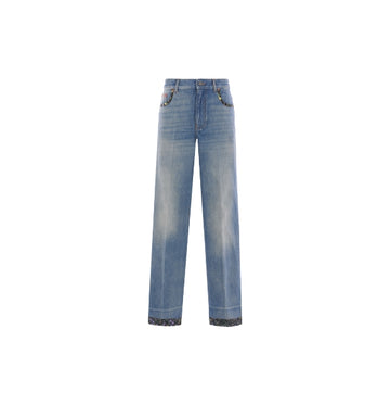 Floral Trims-Embellished Washed Blue Jeans - RUNWAY