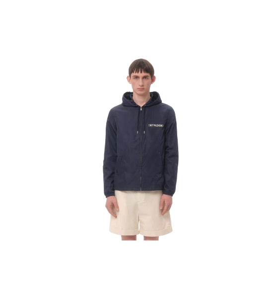 Dark Blue Zip-Up Drawstring-Hooded Windbreaker