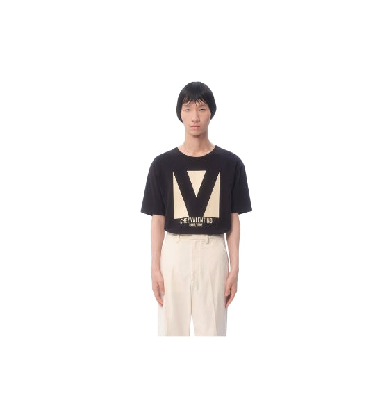 Black Printed V Logo Chez Crewneck T-Shirt