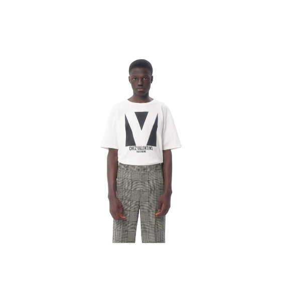 White Printed V Logo Chez Crewneck T-Shirt