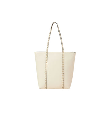 Ivory Rockstud Details Grainy Calfskin Leather Shopping Bag