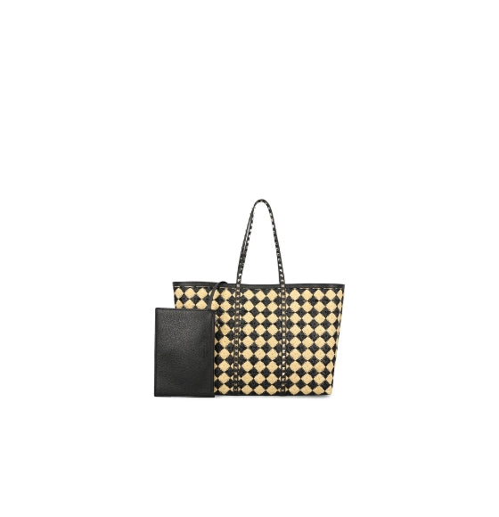 Natural & Black Rockstud Embroidered Raffia Shopping Bag