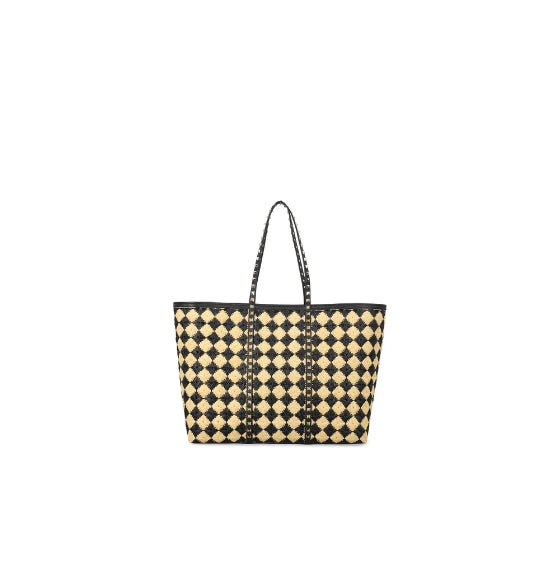 Natural & Black Rockstud Embroidered Raffia Shopping Bag