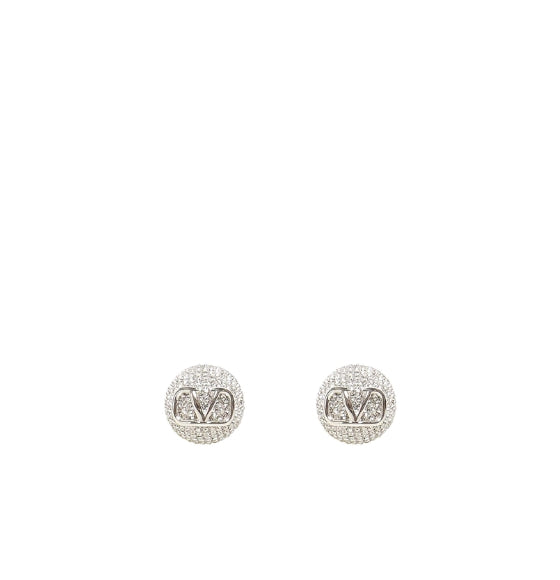 Silver Signature V-Logo Crystal Embellished Semi-Sphere Clip Earrings