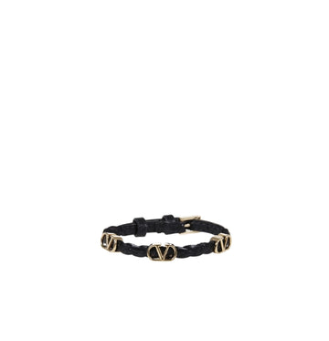 Black Metallic V-Logo-Embellished Braided Leather Bracelet