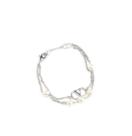Silver V-Logo Signature Pearl Chained Bracelet