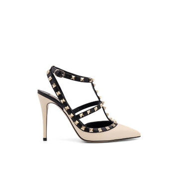 White Signature Rockstud Pointed Ankle Strap Pumps
