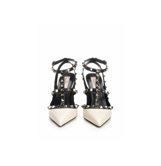 White Signature Rockstud Pointed Ankle Strap Pumps