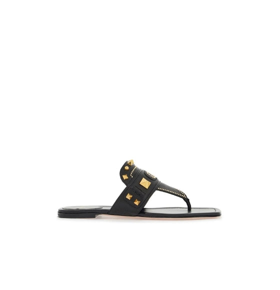 Black & Gold V-Logo Studs Thong Slip-On Leather Sandals