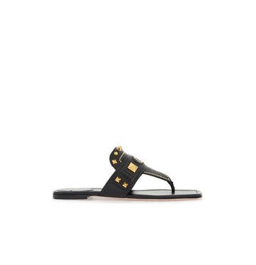 Black & Gold V-Logo Studs Thong Slip-On Leather Sandals