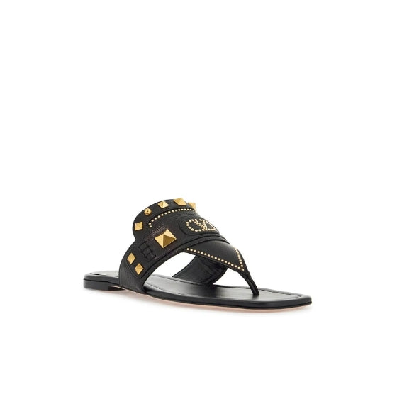 Black & Gold V-Logo Studs Thong Slip-On Leather Sandals