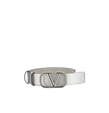 Metallic Silver V-Logo Signature Reversible Leather Belt