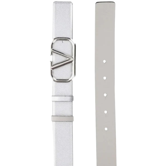 Metallic Silver V-Logo Signature Reversible Leather Belt