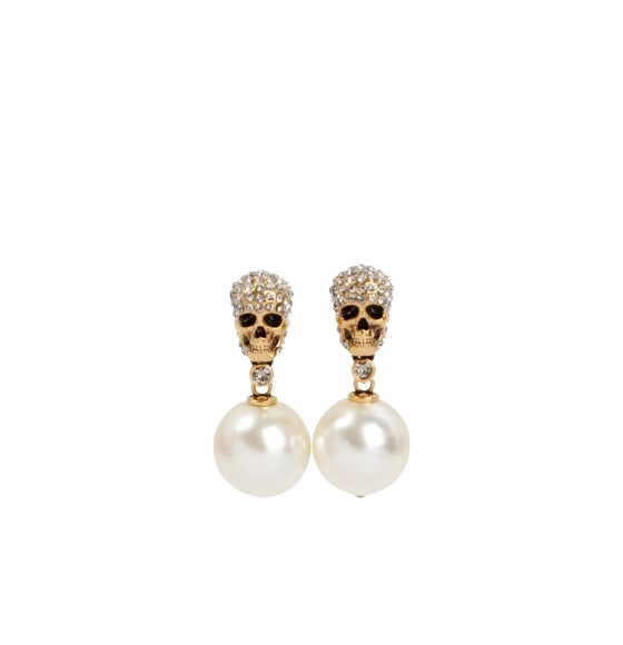Gold Short Skull and Pearl Drop Earrings