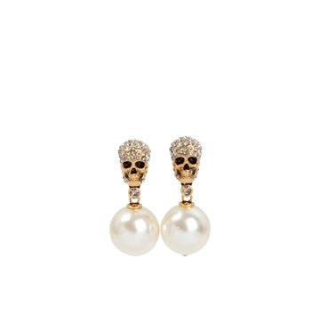 Gold Short Skull and Pearl Drop Earrings
