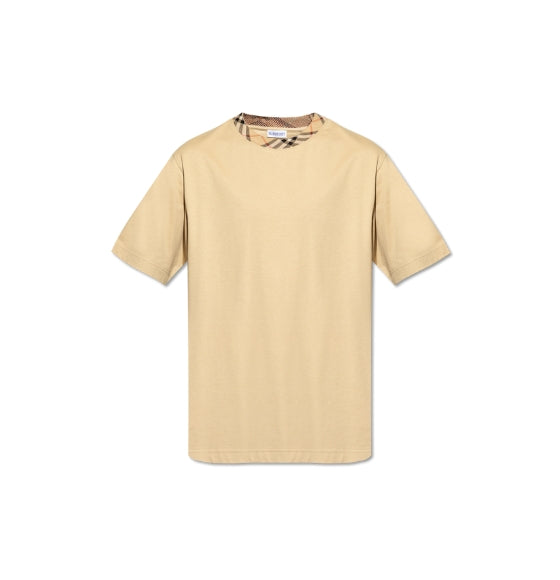 Beige Check-Trim Cotton T-Shirt