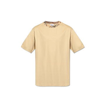Beige Check-Trim Cotton T-Shirt