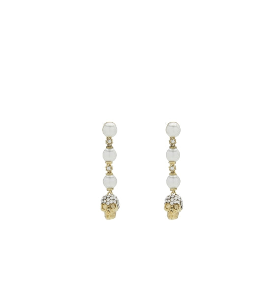 Gold Long Skull and Pearls Earrings