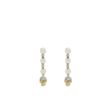Gold Long Skull and Pearls Earrings