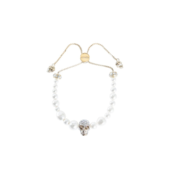 Gold Skull and Pearl Friendship Bracelet