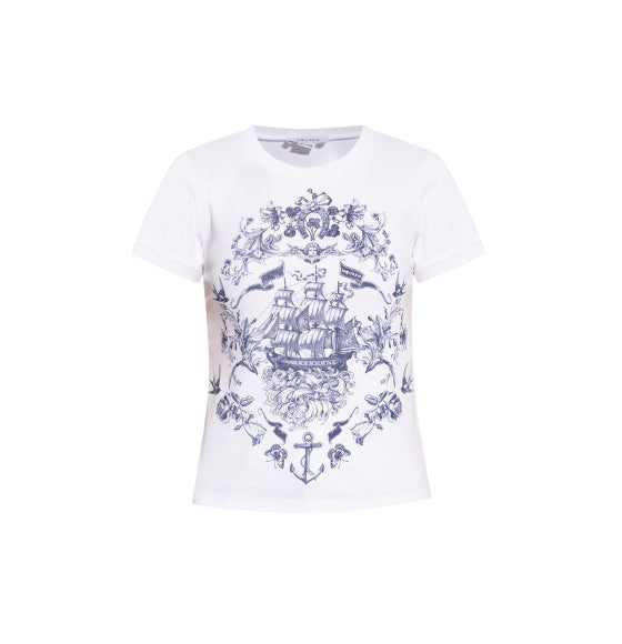 White & Blue Sailor Tattoo Print T-shirt
