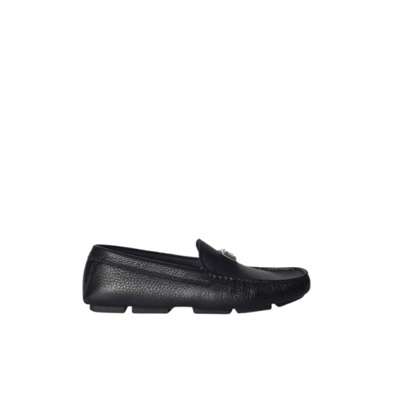 Black Logo Plaque Grained Leather Moccasins
