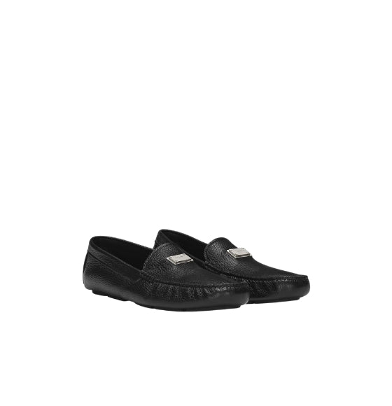 Black Logo Plaque Grained Leather Moccasins