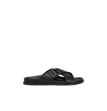 Black DG Logo Metal Applique Crossover Straps Leather Sandals