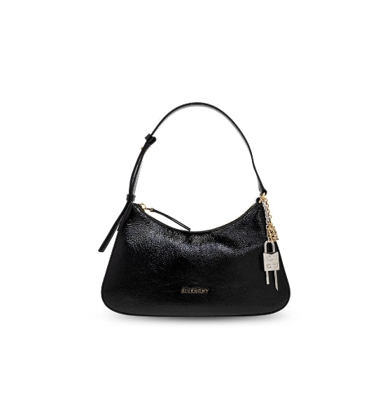 Black Lucky Lock Small Glossed Textured-Leather Shoulder Bag