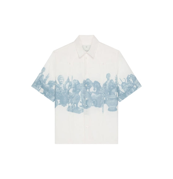 White & Blue Hubert Objects Printed Linen Short-Sleeved Shirt