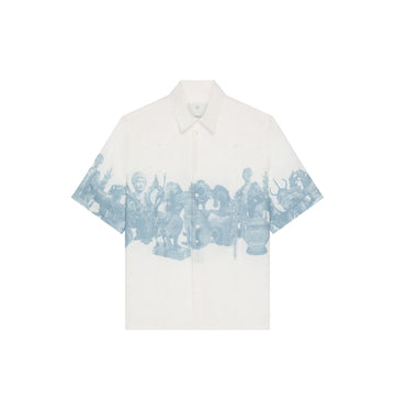 White & Blue Hubert Objects Printed Linen Short-Sleeved Shirt