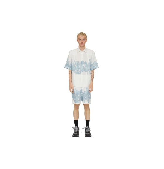 White & Blue Hubert Objects Printed Linen Short-Sleeved Shirt