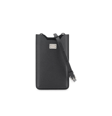 Black Logo Plaque Dauphine Leather Phone Pouch