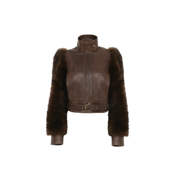 Chloé Bourbon Brown High-Neck Leather Short Jacket