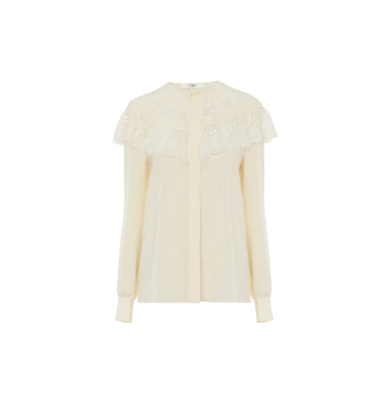 Chloé White Crepe de Chine & Lace Gathered Blouse
