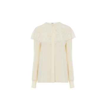 Chloé White Crepe de Chine & Lace Gathered Blouse