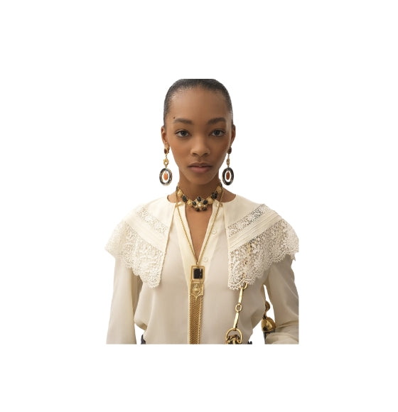 Chloé White Crepe de Chine & Lace Gathered Blouse