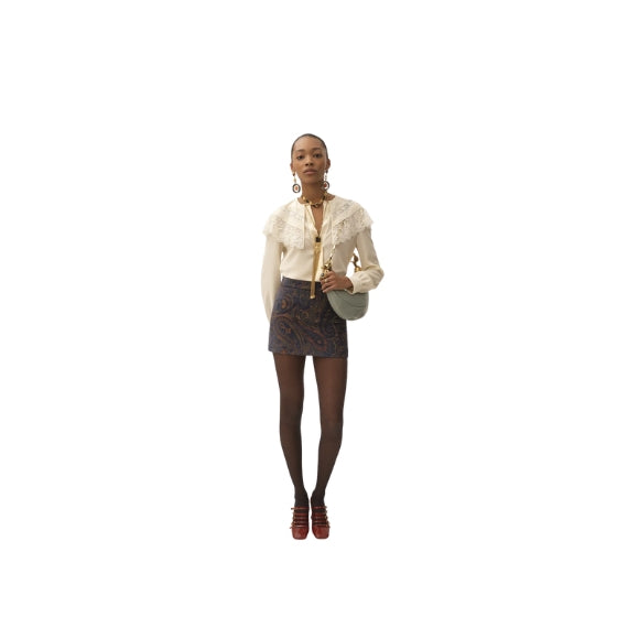 Chloé White Crepe de Chine & Lace Gathered Blouse
