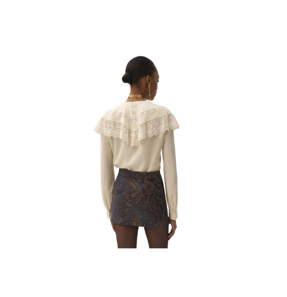 Chloé White Crepe de Chine & Lace Gathered Blouse
