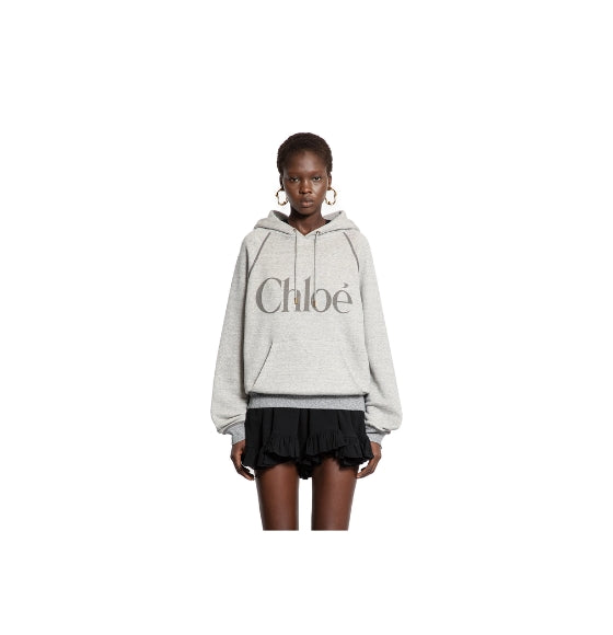 Chloe Grey Chiné Cotton Fleece Oversized Logo Hoodie