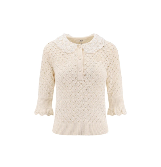 Chloé White Lace-Collar Pointelle Pullover Sweater